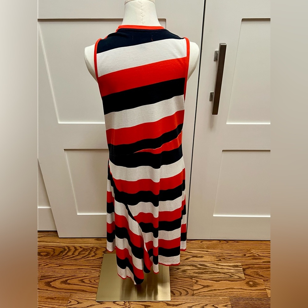 Banana Republic Asymmetrical Orange, Navy, and Cream Dress- Size Large Tall - Picture 8 of 14
